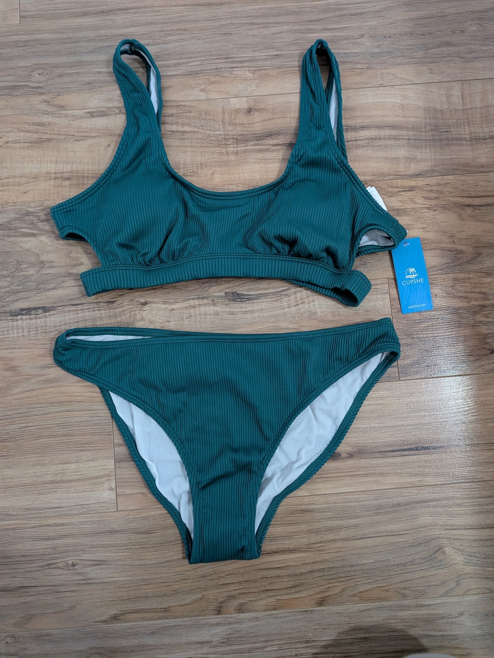 Forest Green Ribbed Bikini Set - Scoop Top & Brief Bottom - Size Medium